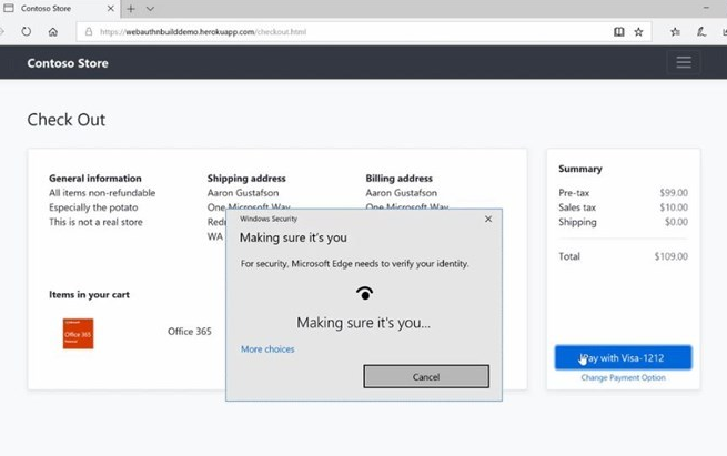 微软Edge浏览器支持Web身份验证：可用刷脸/指纹/PIN码登录
