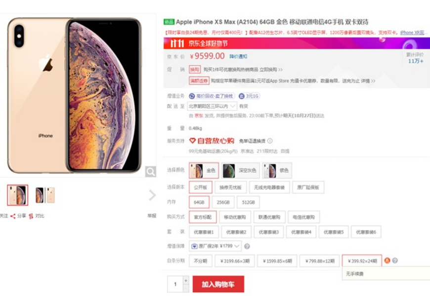 苹果iPhone XS Max京东白条24期免息：9599元起