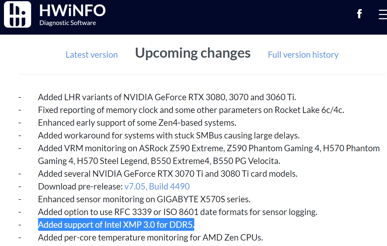 HWiNFO在即将到来的软体更新中列出了用于DDR5的Intel XMP 3.0规範