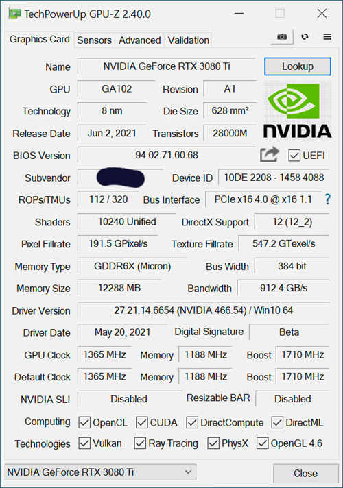 非公版NVIDIA GeForce RTX 3080 Ti产品的GPU-Z截图曝光