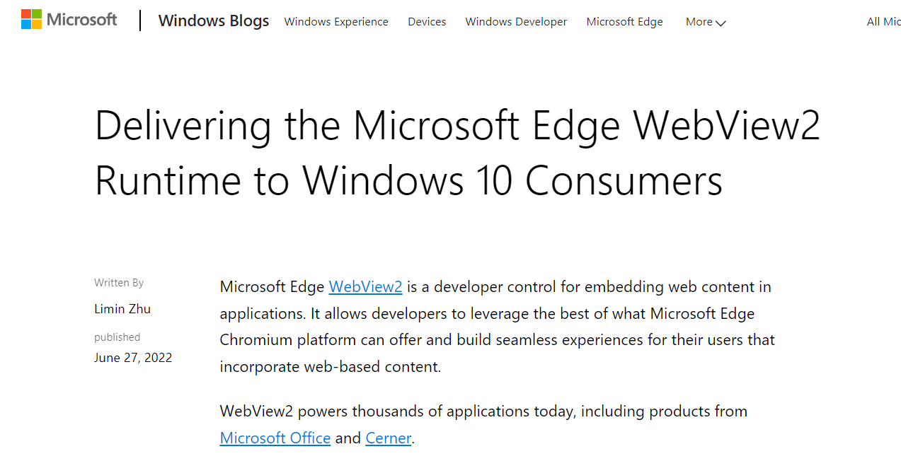 微软 Win10 2004 及以上版本将内置 Edge WebView 2